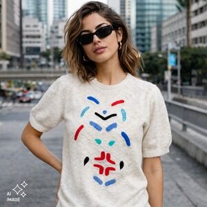 VTG 80s Short Sleeve Sweater Women's M Embroidered Cute Kidcore Lightweight Knit